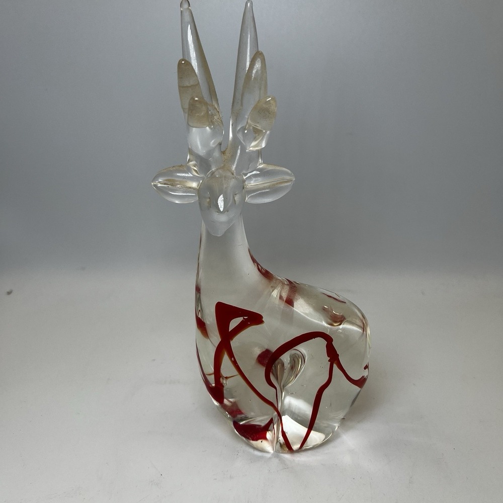 Vintage Glass Christmas Reindeer Figurine‎ Paperweight Red Swirl Accent 8"